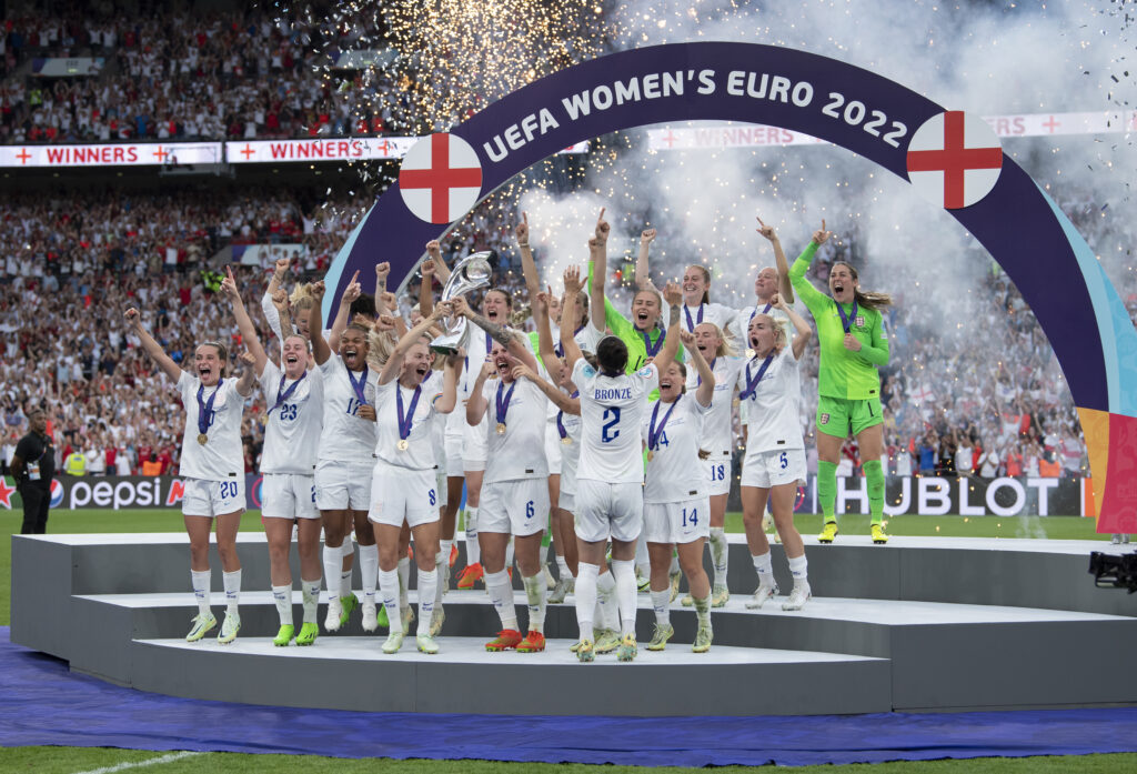 England players lift the 2022 Euro trophy after the UEFA tournament's final match.