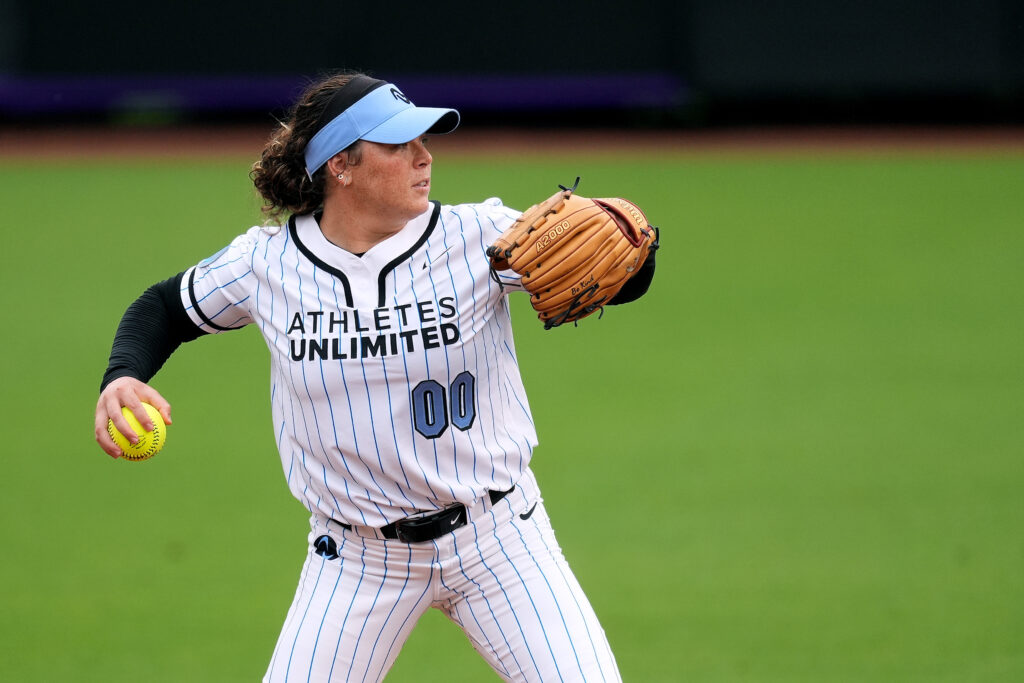 Athletes Unlimited softball pitcher Rachel Garcia warms up before a 2024 game.