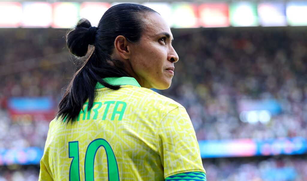 Marta looks up before the 2024 Olympic gold-medal match between Brazil and the USWNT.