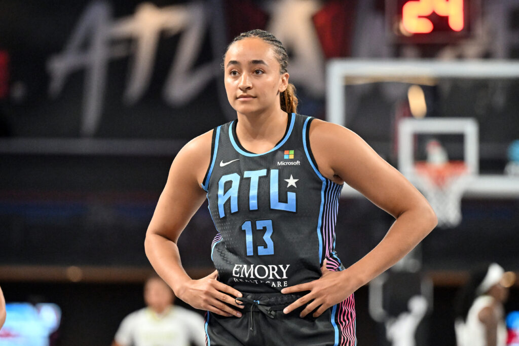 Atlanta Dream player Haley Jones looks on during a 2024 WNBA game.