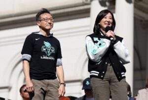 New York Liberty owners Joe and Clara Wu Tsai speak at the 2024 WNBA Championship ticker-tape parade and rally.