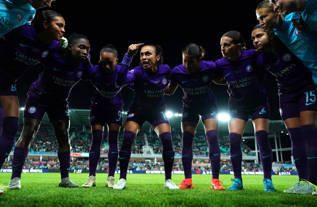 Orlando captain Marta gives a speech in the Pride's huddle before the 2024 NWSL Championship match.