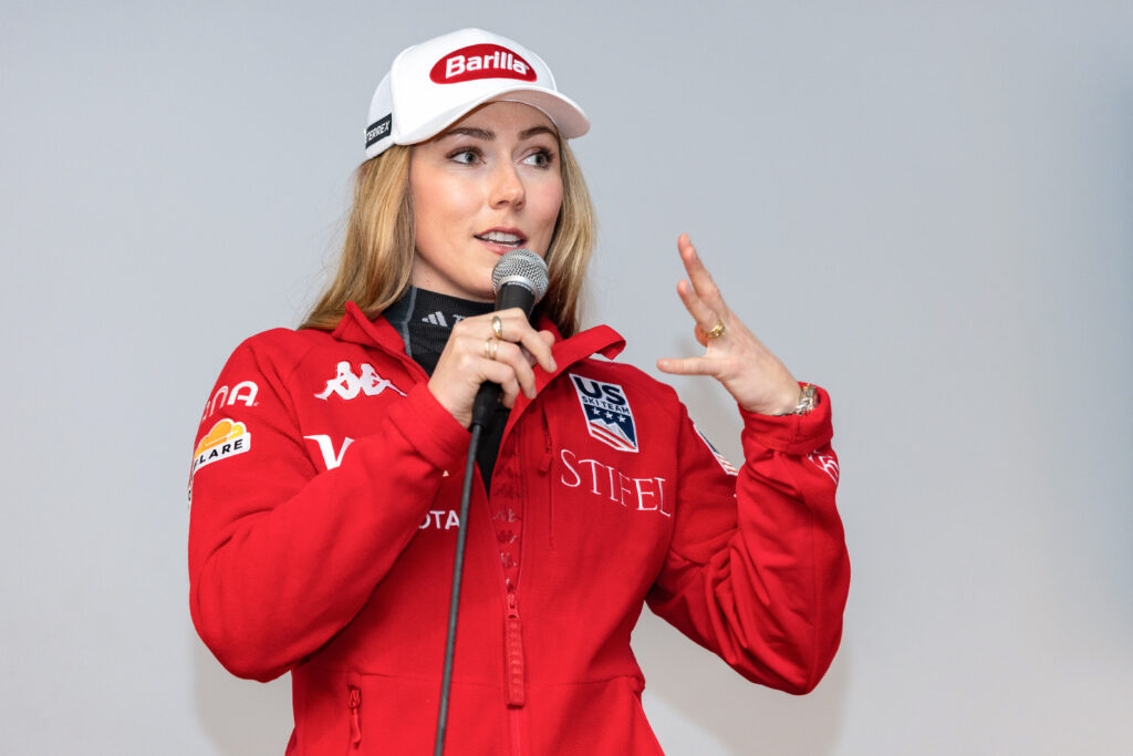 US ski star Mikaela Shiffrin speak at a 2024 event.