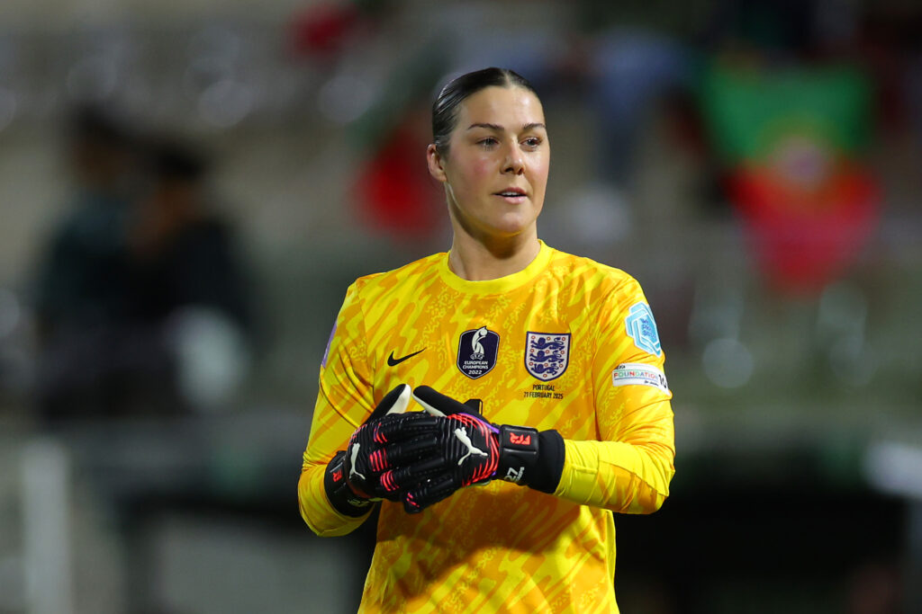 England goalkeeper Mary Earps looks on during a 2025 UEFA Nations League match.