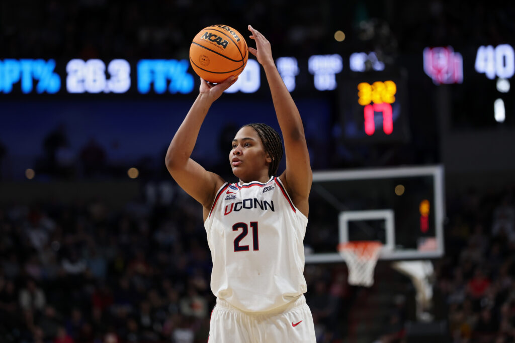UConn star Sarah Strong takes a shot during a 2025 NCAA Sweet 16 game.