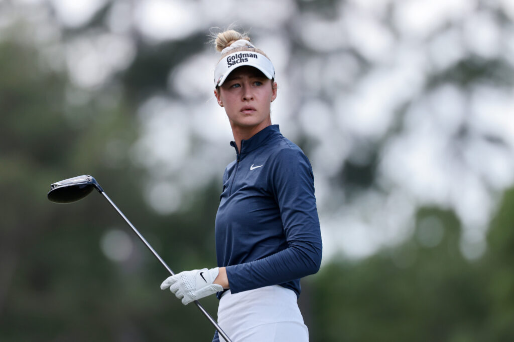 US golf star Nelly Korda watches a shot at the 2025 Chevron Championship.