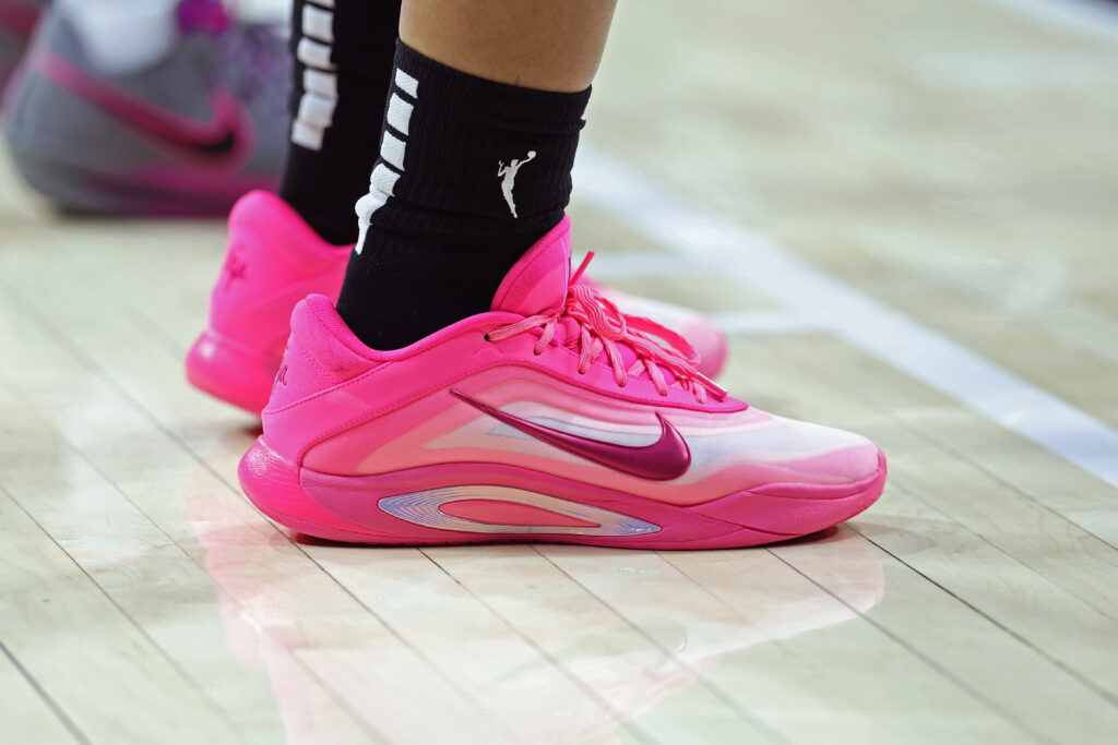 A'ja Wilson wears her A'One Nike signature shoe during a 2025 WNBA preseason game.