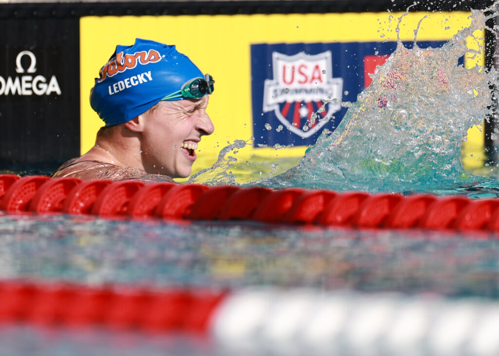 US swimming star Katie Ledecky reacts to her 1500-meter freestyle time on Wednesday.