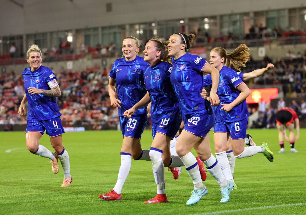 Chelsea's Lucy Bronze celebrates a 2024/25 WSL goal with her teammates.