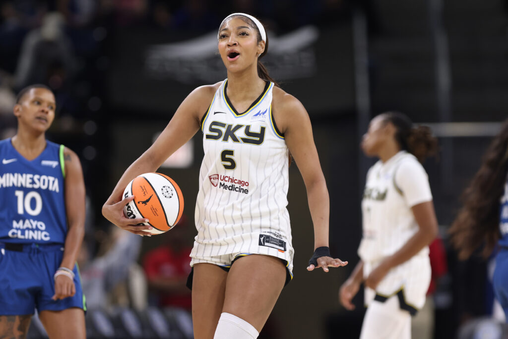 Chicago's Angel Reese reacts to a play during a 2025 WNBA preseason game.