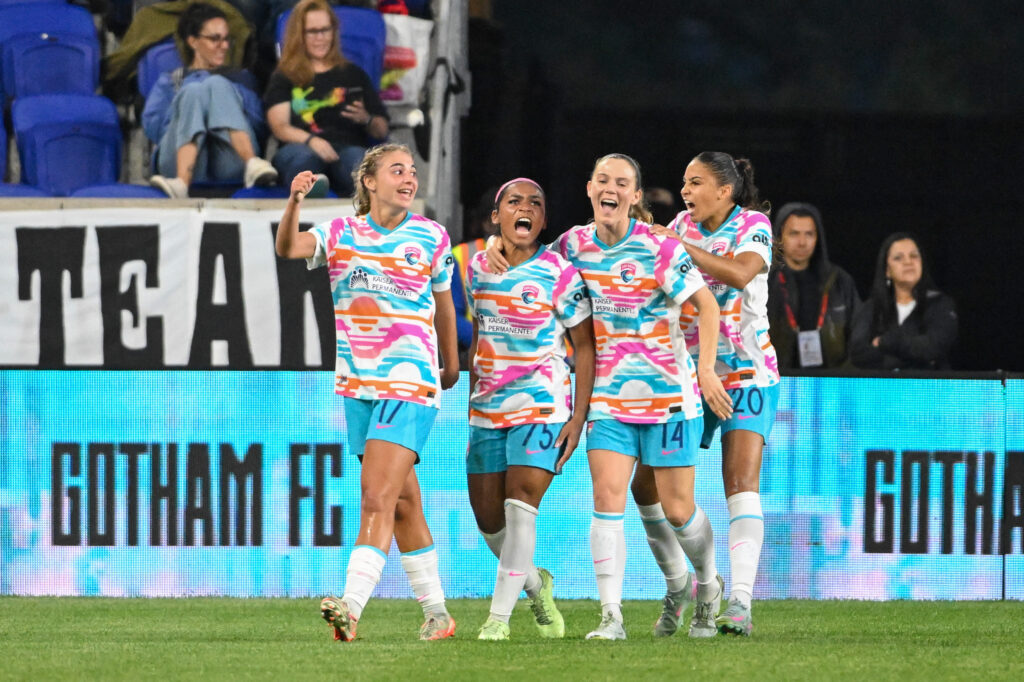 17-year-old Kimmi Ascanio celebrates her third NWSL goal with her San Deigo teammates Perle Morroni, Kristen McNabb, and Delphine Cascarino.