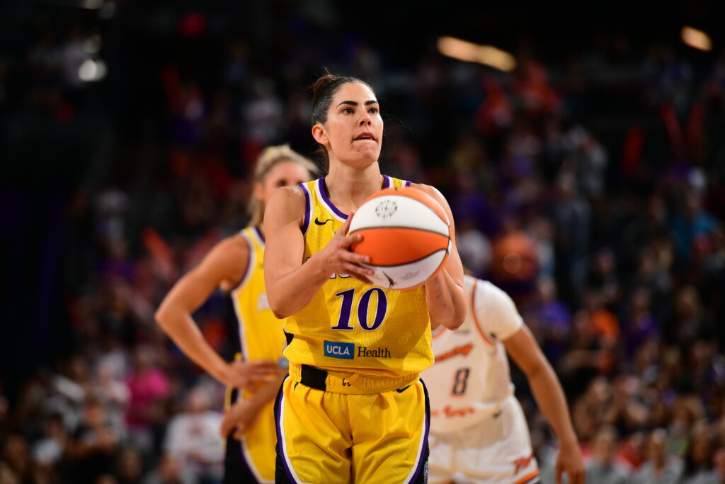 LA Sparks guard Kelsey Plum lines up a free throw during a 2025 WNBA game.
