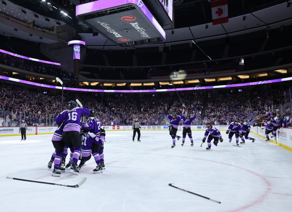 The Minnesota Frost celebrate their 2024/25 PWHL championship after defeating Ottawa in the Finals.