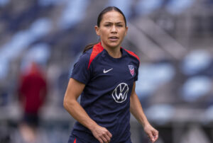 Attacking midfielder Lo'eau LaBonta looks on during a 2025 USWNT training camp.