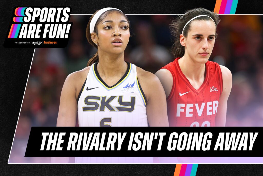 Cover image for Sports Are Fun with Kelley O'Hara featuring WNBA rivals Angel Reese and Caitlin Clark.
