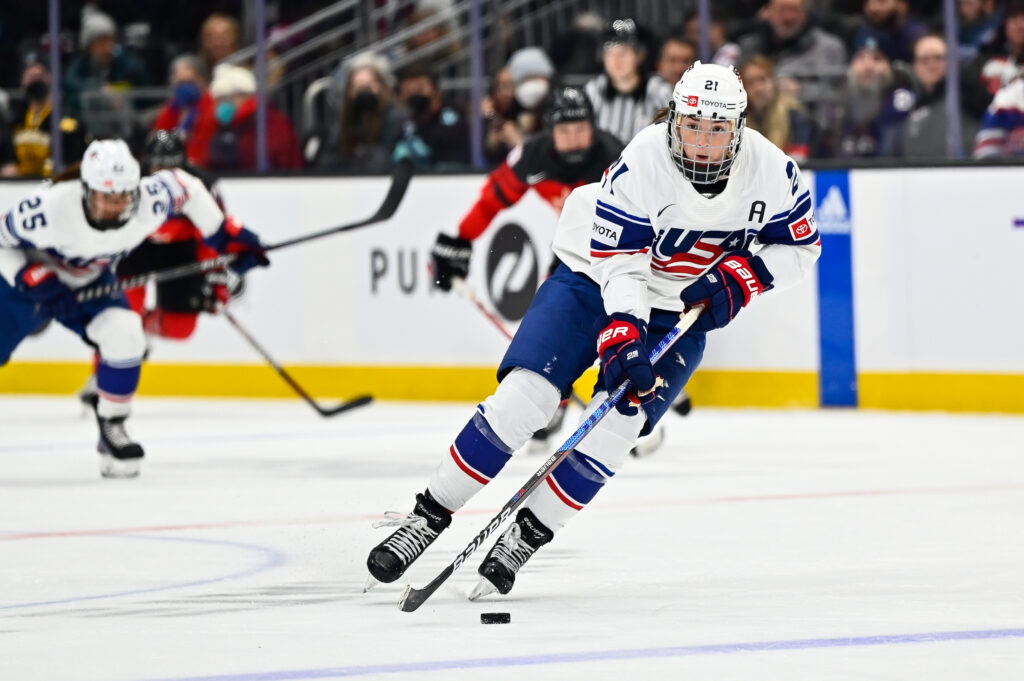 USA hockey forward Hilary Knight skates with the puck.