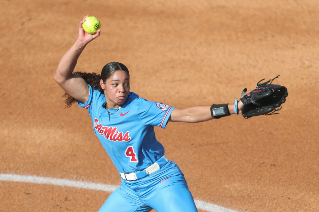 Ole Miss pitcher Aliyah Binford winds up during a 2025 NCAA softball postseason game.