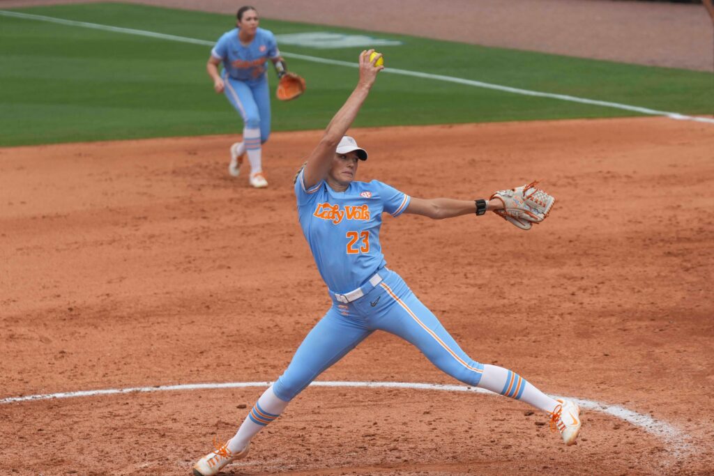 Tennessee softball junior Karlyn Pickens pitches during a 2025 Super Regionals game.