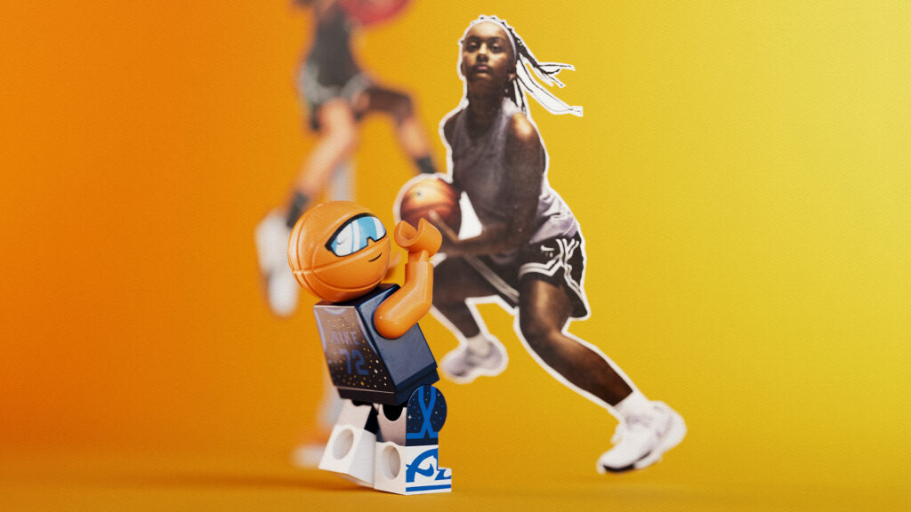 A graphic of a girl playing basketball and the LEGO Nike Dunk set's basketball Minifigure, B’Ball Head.