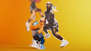 A graphic of a girl playing basketball and the LEGO Nike Dunk set's basketball Minifigure, B’Ball Head.