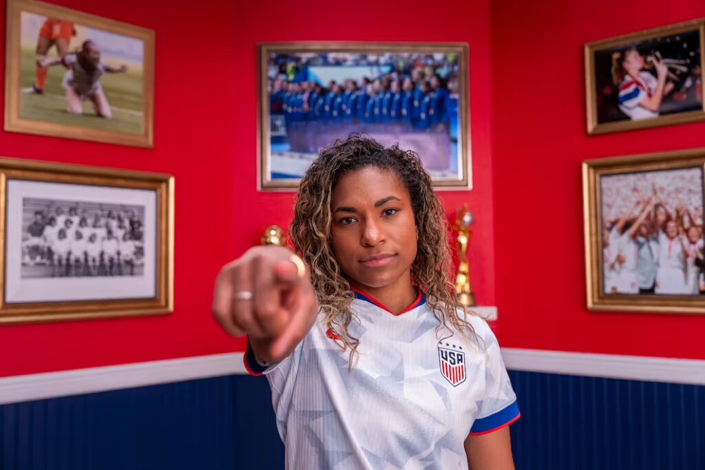 USWNT attacker Catarina Macario points and poses in the new "Brilliant Kit" for 2025.