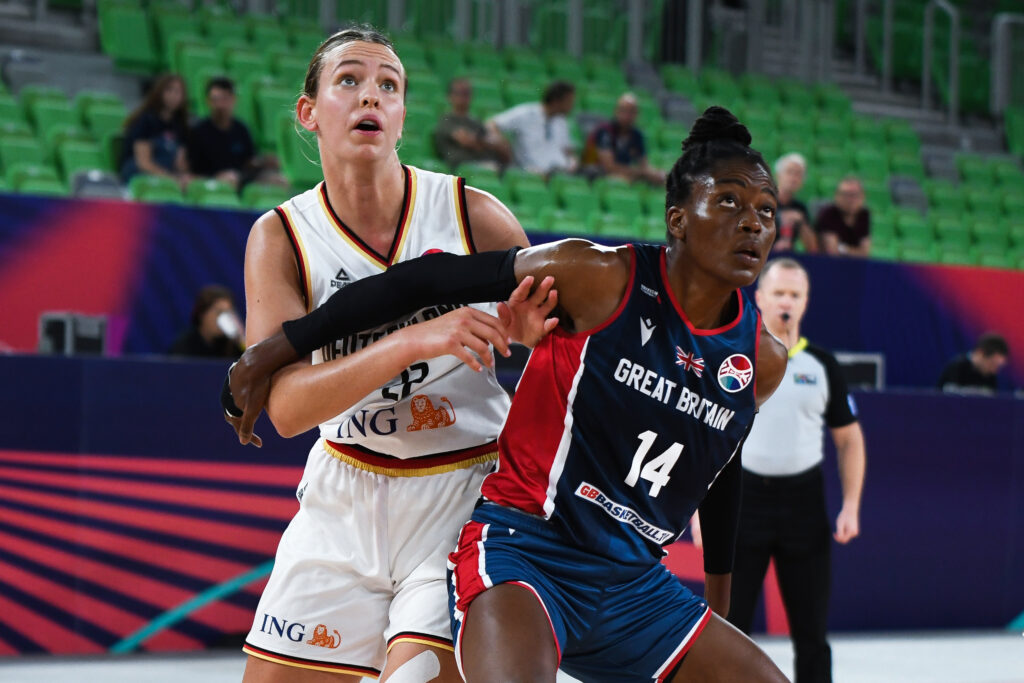 Great Britain center Temi Fagbenle watches a shot during a 2023 FIBA EuroBasket game against Germany.
