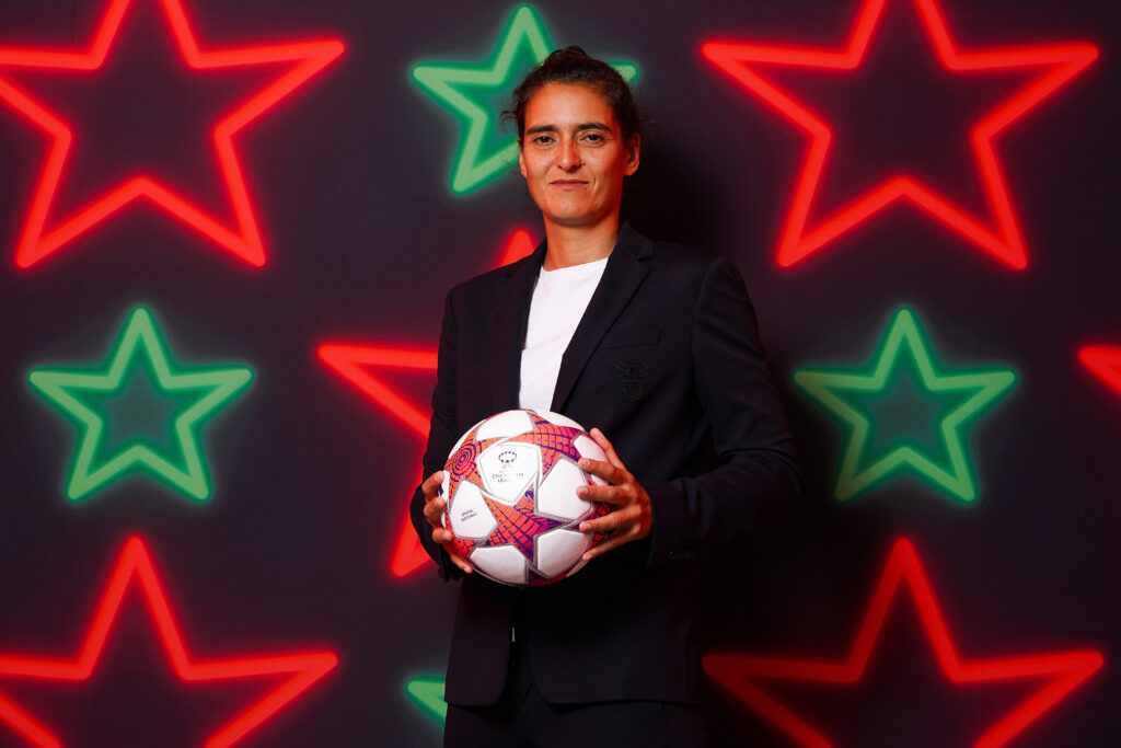 Benfica head coach Filipa Patão poses for an official UEFA Champions League photo in 2023.