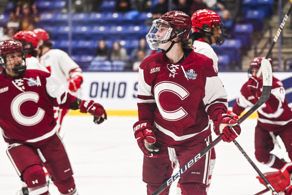 Colgate's Kristýna Kaltounková celebrates a goal during the 2024 NCAA hockey tournament.