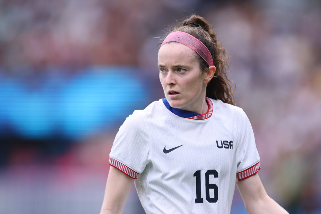 USWNT star midfielder Rose Lavelle looks on during a match at the 2024 Paris Olympics.