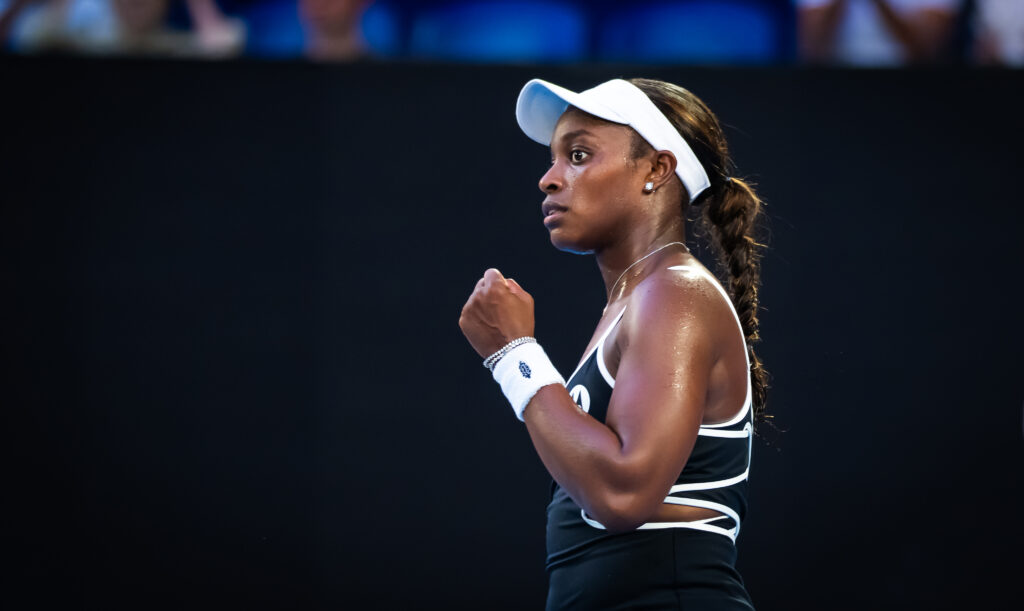 US tennis player Sloane Stephens celebrates a point during a 2025 Australian Open match.