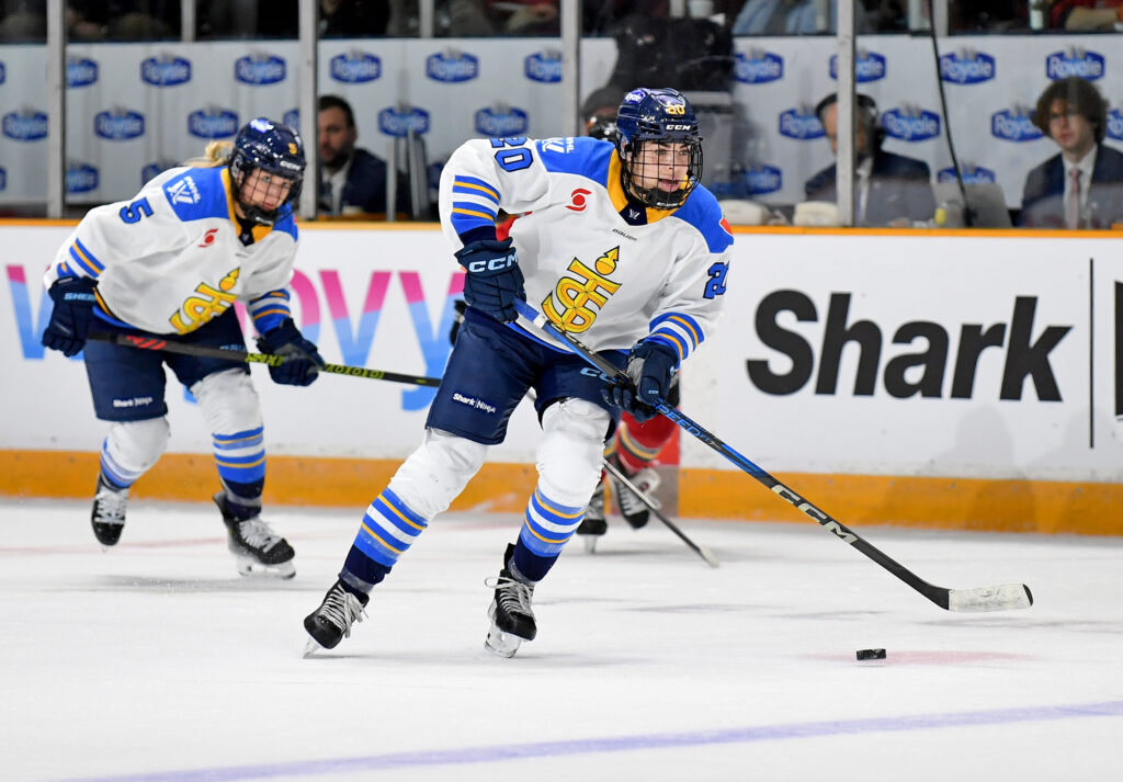 Toronto Sceptres' Sarah Nurse skates with the puck during a 2025 PWHL game.