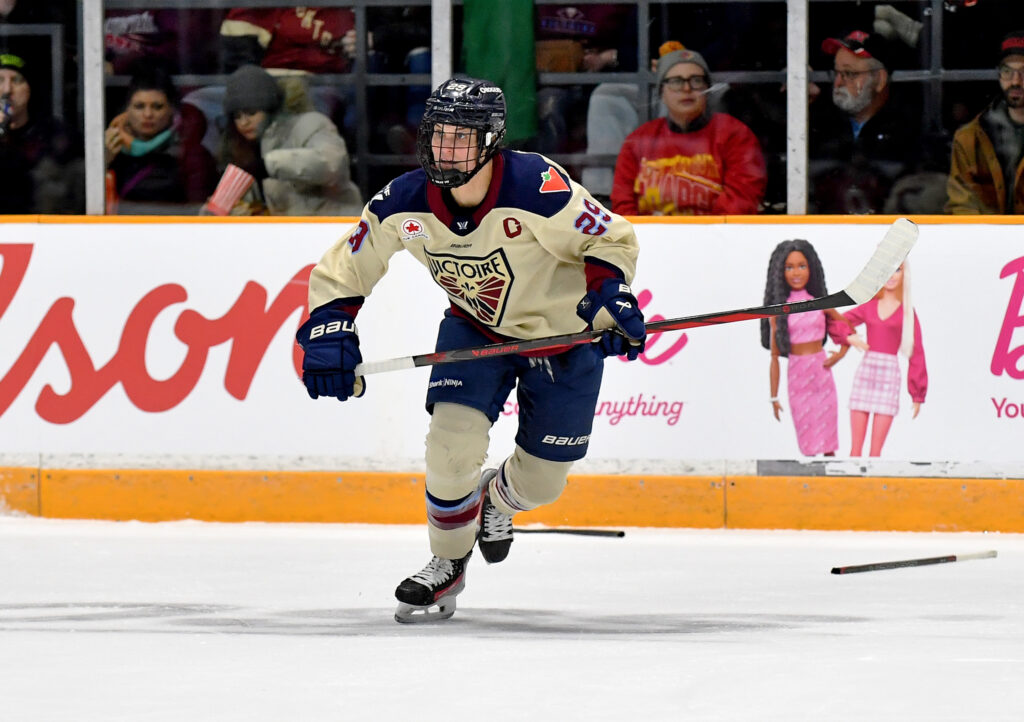 Montréal Victoire captain Marie-Philip Poulin skates during a 2025 PWHL game.