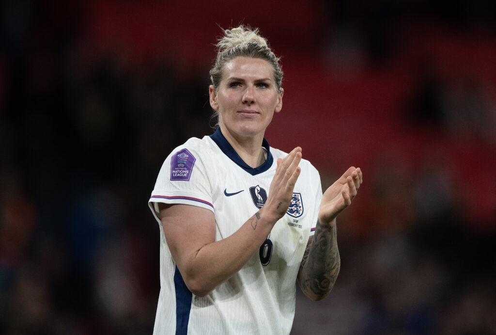 England defender Millie Bright claps after a 2025 Nations League match against Spain.