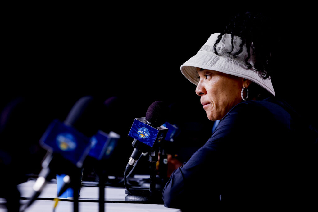 South Carolina head coach Dawn Staley speaks to media before the 2024/25 NCAA championship game.