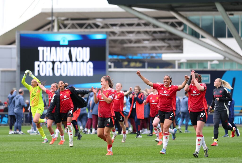 Manchester United players celebrate their 2025 FA Cup semifinal win over Manchester City.