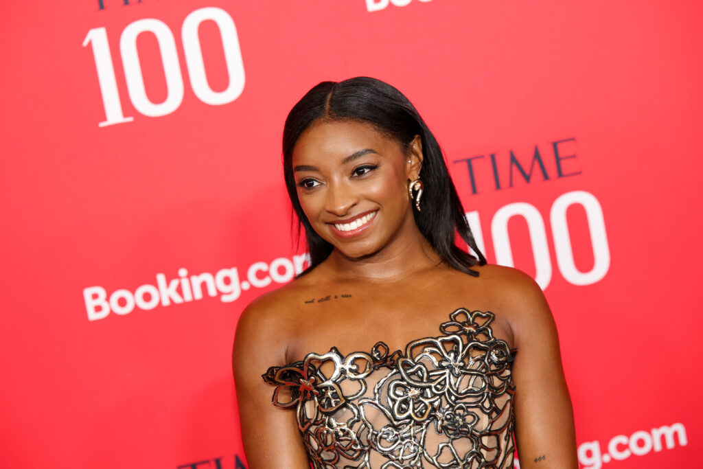 USA star gymnast Simone Biles poses for a photo on the 2025 TIME100 Gala red carpet.