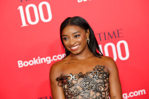 USA star gymnast Simone Biles poses for a photo on the 2025 TIME100 Gala red carpet.