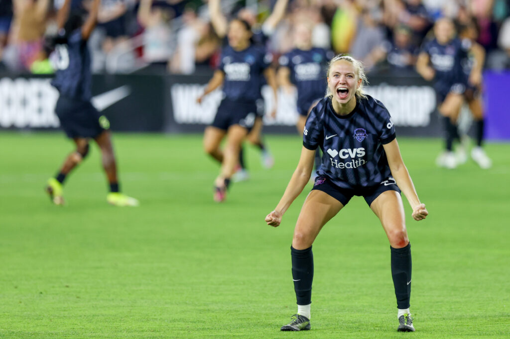 Washington Spirit defender Esme Morgan celebrates a goal during a 2025 NWSL match.