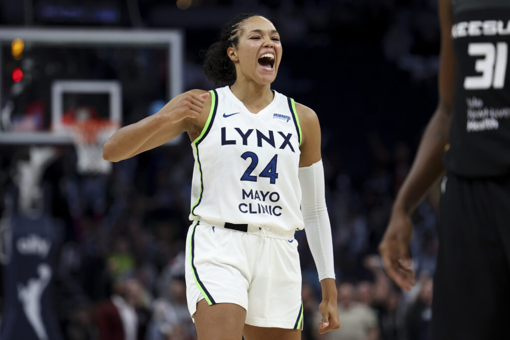 Minnesota's Napheesa Collier celebrates a play during a 2025 WNBA game.