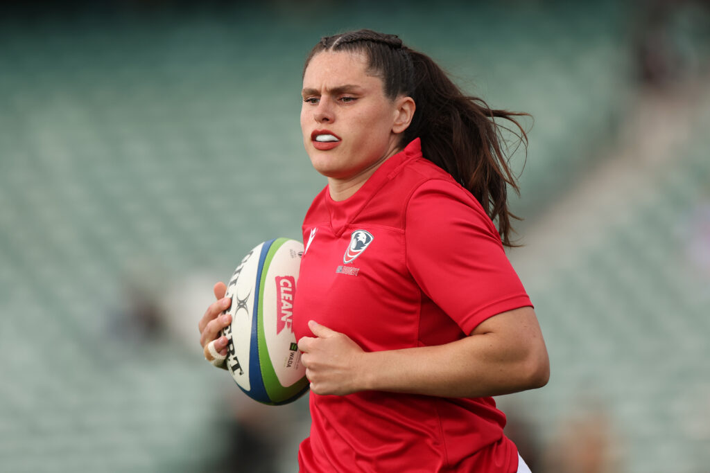 Ilona Maher warms up before a 2025 USA rugby match against New Zealand.
