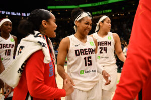 The Atlanta Dream's Te-Hina Paopao and Allisha Gray celebrate a 2025 WNBA win.
