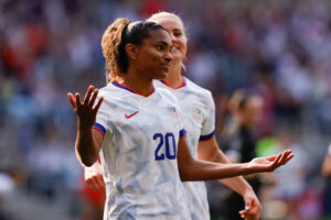 USWNT attacker Catarina Macario celebrates scoring in a 2025 friendly.