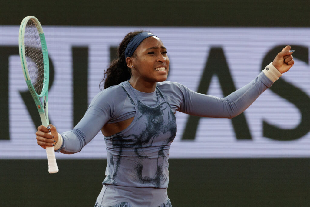 Coco Gauff celebrates her quarterfinal win over Madison Keys at the 2025 French Open.