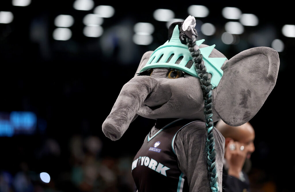 New York Liberty mascot Ellie the Elephant performs during a 2025 WNBA game.