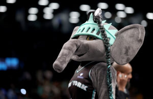 New York Liberty mascot Ellie the Elephant performs during a 2025 WNBA game.