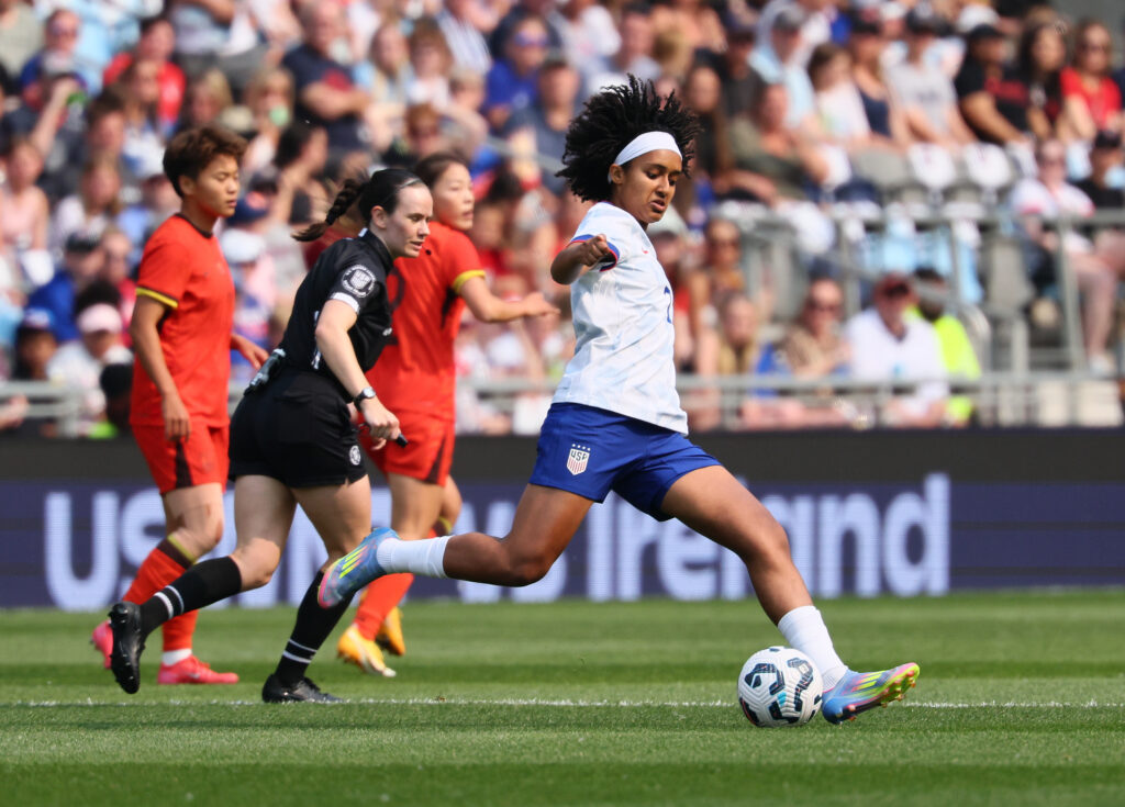 USWNT midfielder Lily Yohannes advances the ball during a 2025 friendly against China PR.