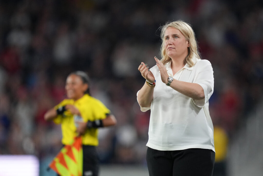 USWNT head coach Emma Hayes claps during a June 2025 friendly against Jamaica.
