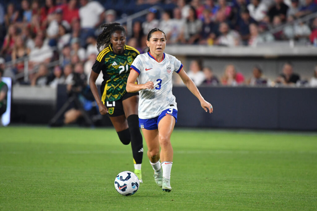 USWNT midfielder Lo'eau LaBonta dribbles the ball during a 2025 friendly against Jamaica.