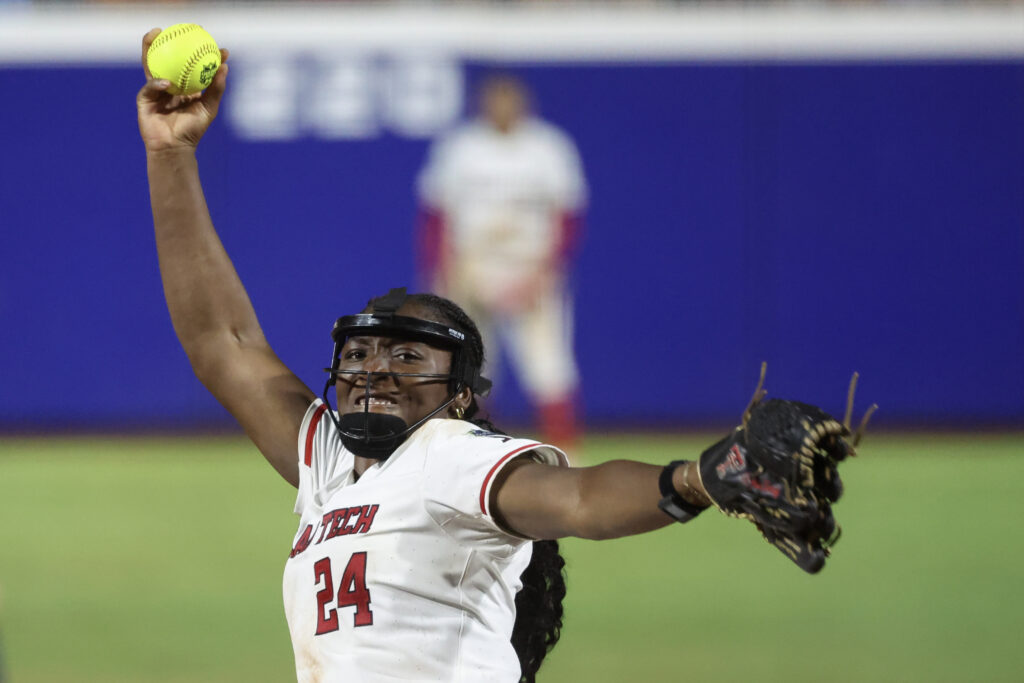 Texas Tech pitcher NiJaree Canady throws a pitch during the 2025 WCWS championship series against Texas.