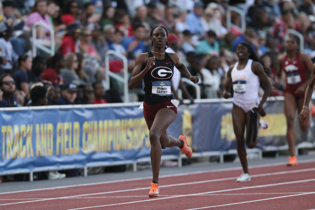 Georgia track runner Dejanea Oakley competes in the 400-meter semifinals at the 2025 NCAA Track & Field Championships.